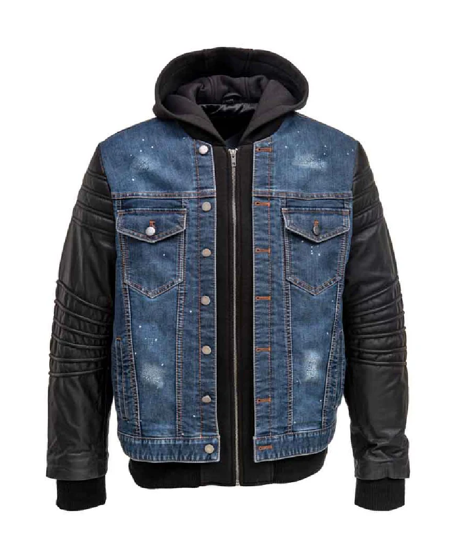 Men's Denim Leather Jacket With Hood