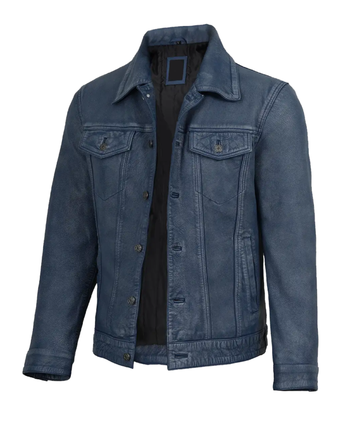 Men's Denim Style Bomber Leather Jacket Side