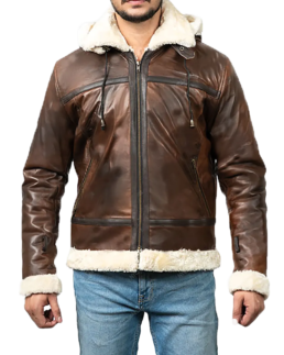 Men’s Distressed Brown Hooded Aviator Jacket