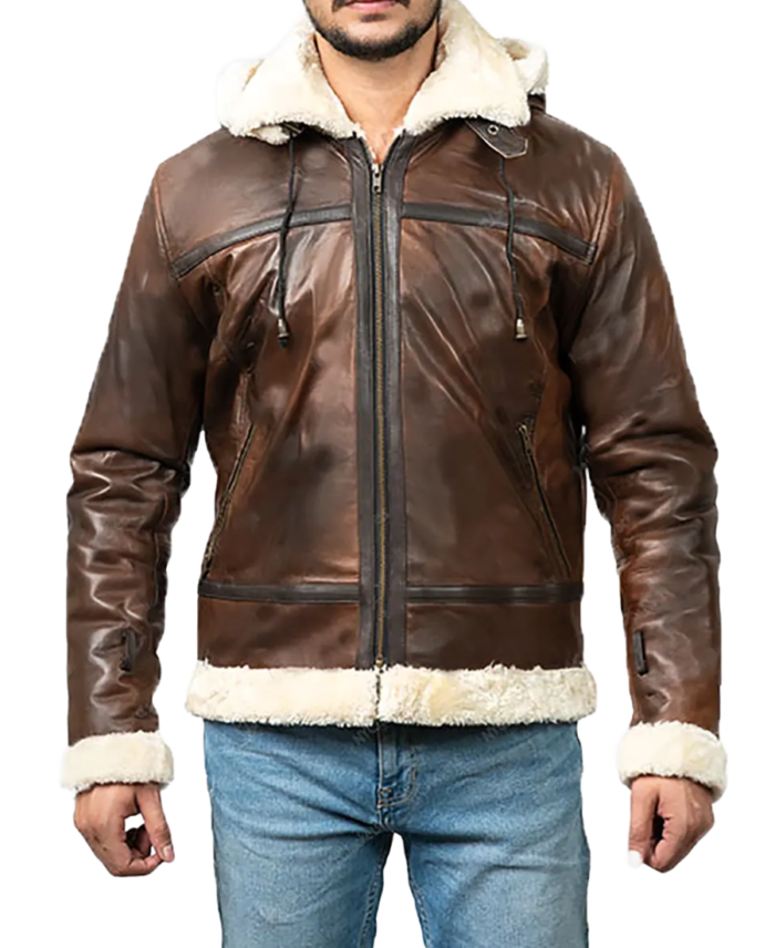 Men’s Distressed Brown Hooded Aviator Jacket