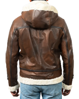 Men’s Distressed Brown Hooded Aviator Jacket Back