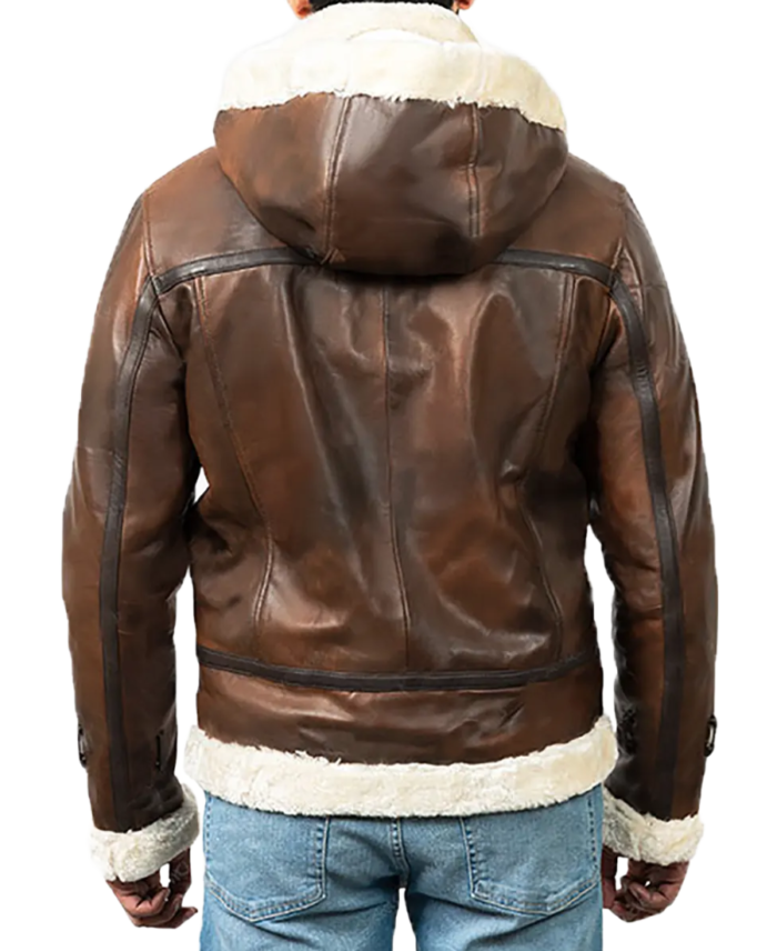Men’s Distressed Brown Hooded Aviator Jacket Back