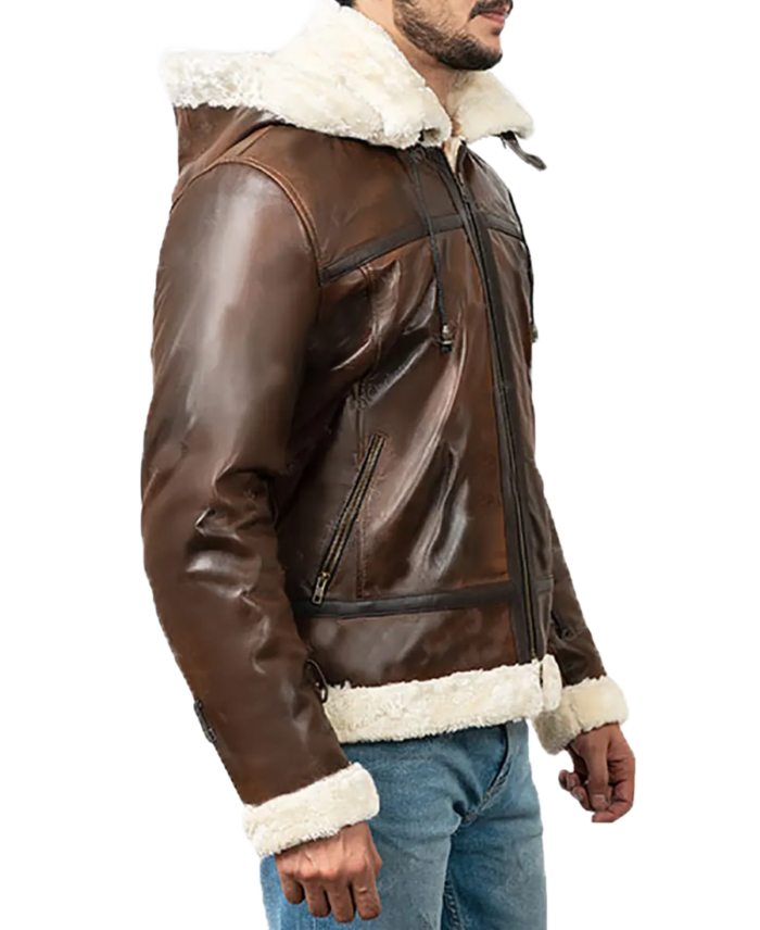 Men’s Distressed Brown Hooded Aviator Jacket Side