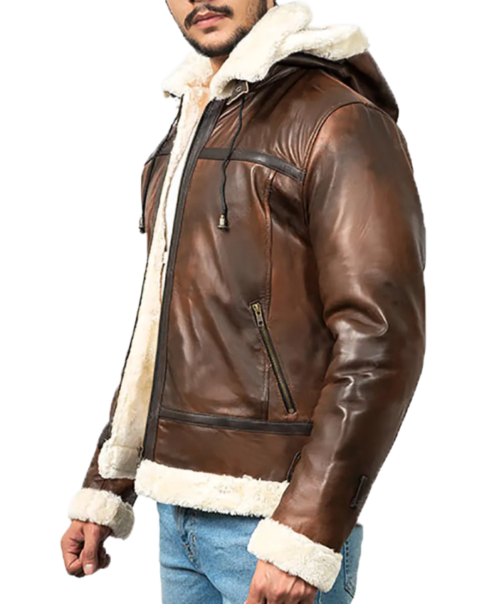 Men’s Distressed Brown Hooded Aviator Jacket Side View