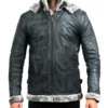 Men’s Grey Hooded B-3 Bomber Leather Jacket