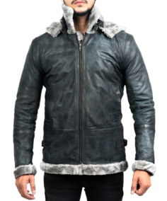 Men’s Grey Hooded B-3 Bomber Leather Jacket