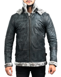 Men’s Grey Hooded B-3 Bomber Leather Jacket