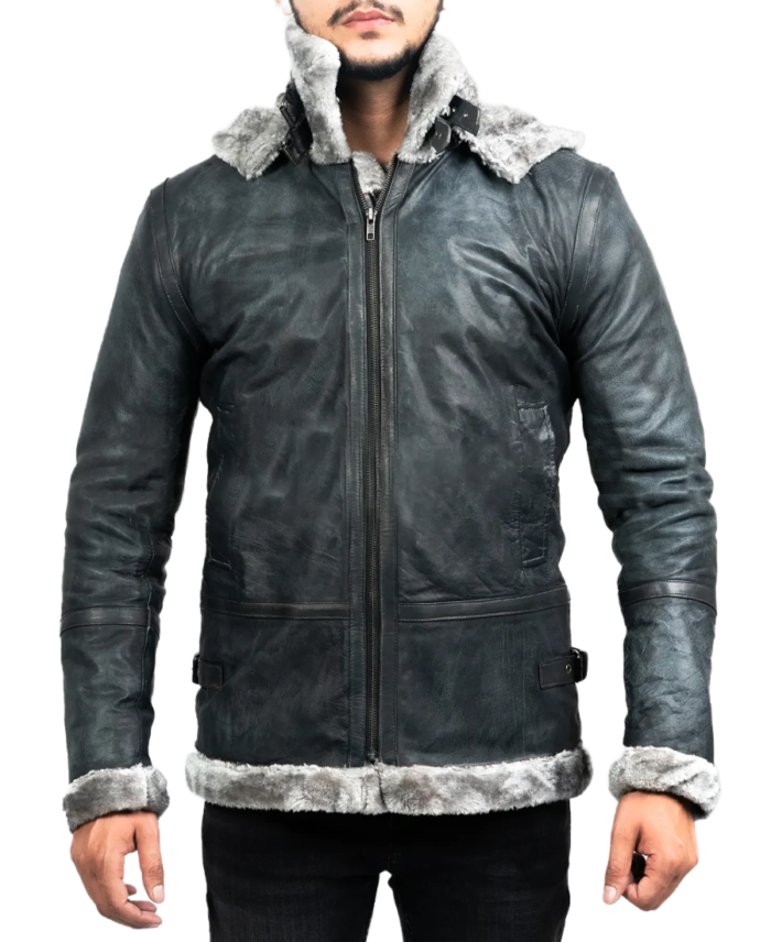 Men’s Grey Hooded B-3 Bomber Leather Jacket