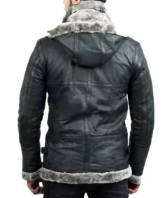 Men’s Grey Hooded B-3 Bomber Leather Jacket Back