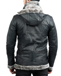 Men’s Grey Hooded B-3 Bomber Leather Jacket Back