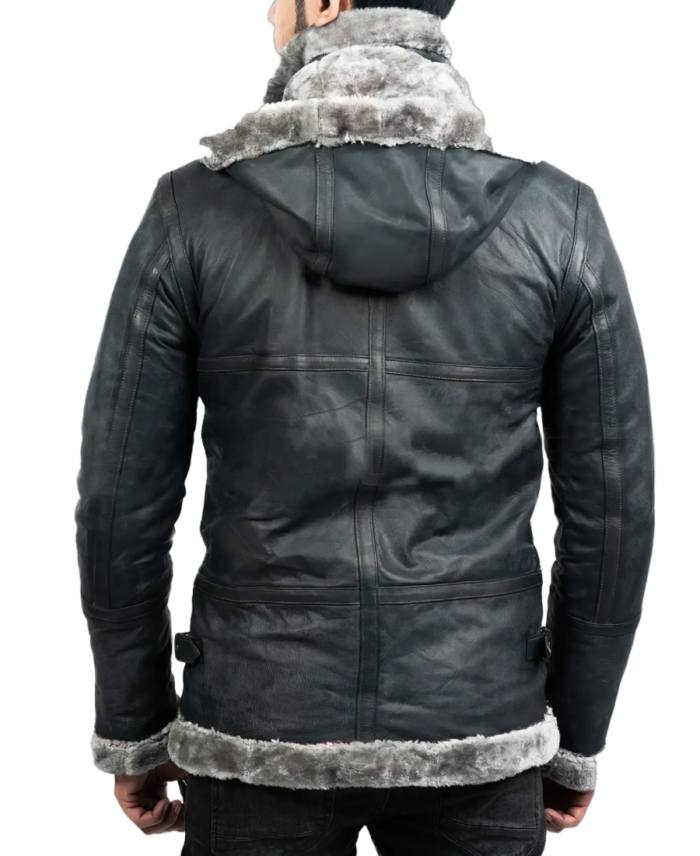 Men’s Grey Hooded B-3 Bomber Leather Jacket Back