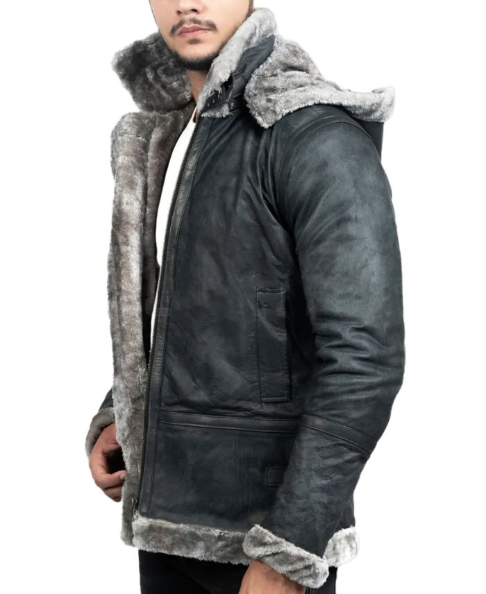Men’s Grey Hooded B-3 Bomber Leather Jacket Side