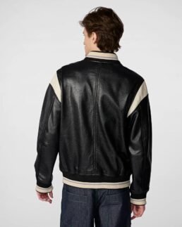 Shop The Men’s White Stripped Leather Varsity Jacket - Trendy Leather Jackets