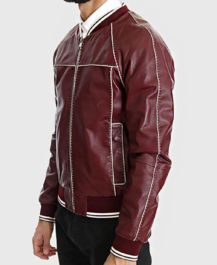 Men’s Maroon Varsity Leather Jacket Side