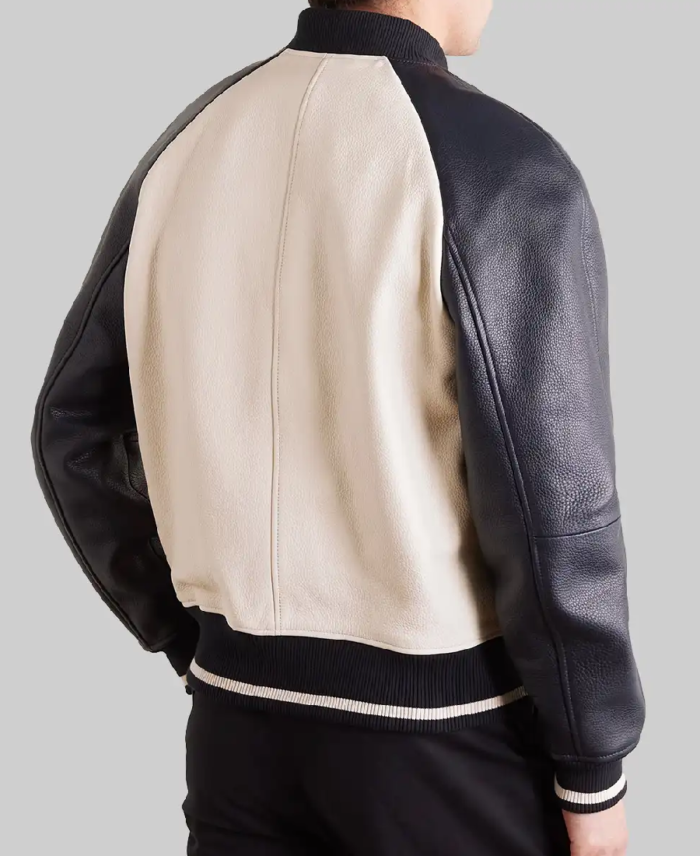 Men’s Off-White and Black Leather Varsity Jacket Back