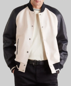 Men’s Off-White and Black Leather Varsity Jacket Front