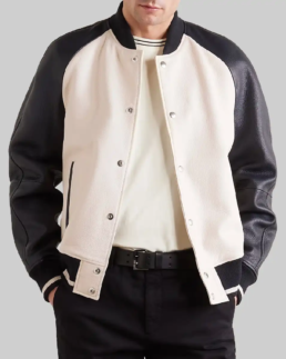 Men’s Off-White and Black Leather Varsity Jacket Front