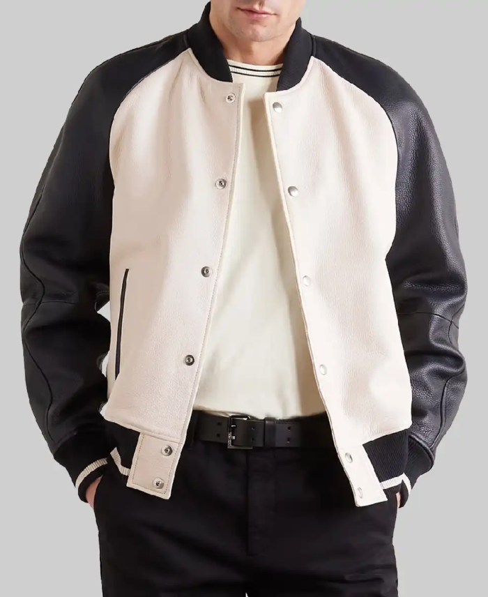 Men’s Off-White and Black Leather Varsity Jacket Front