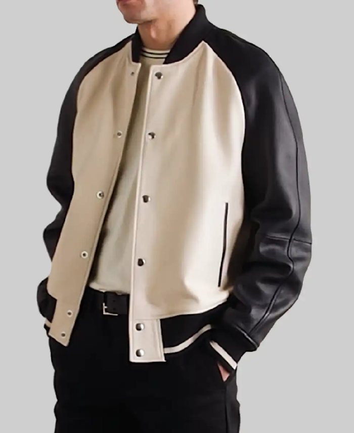 Men’s Off-White and Black Leather Varsity Jacket Side