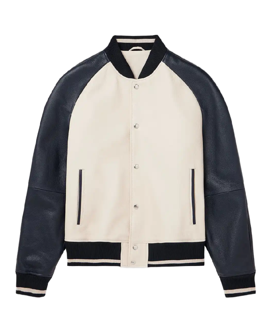 Men’s Off-White And Black Leather Varsity Jacket Men’s Off-White And Black Leather Varsity Jacket