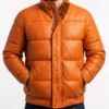Men’s Orange Puffer Leather Jacket