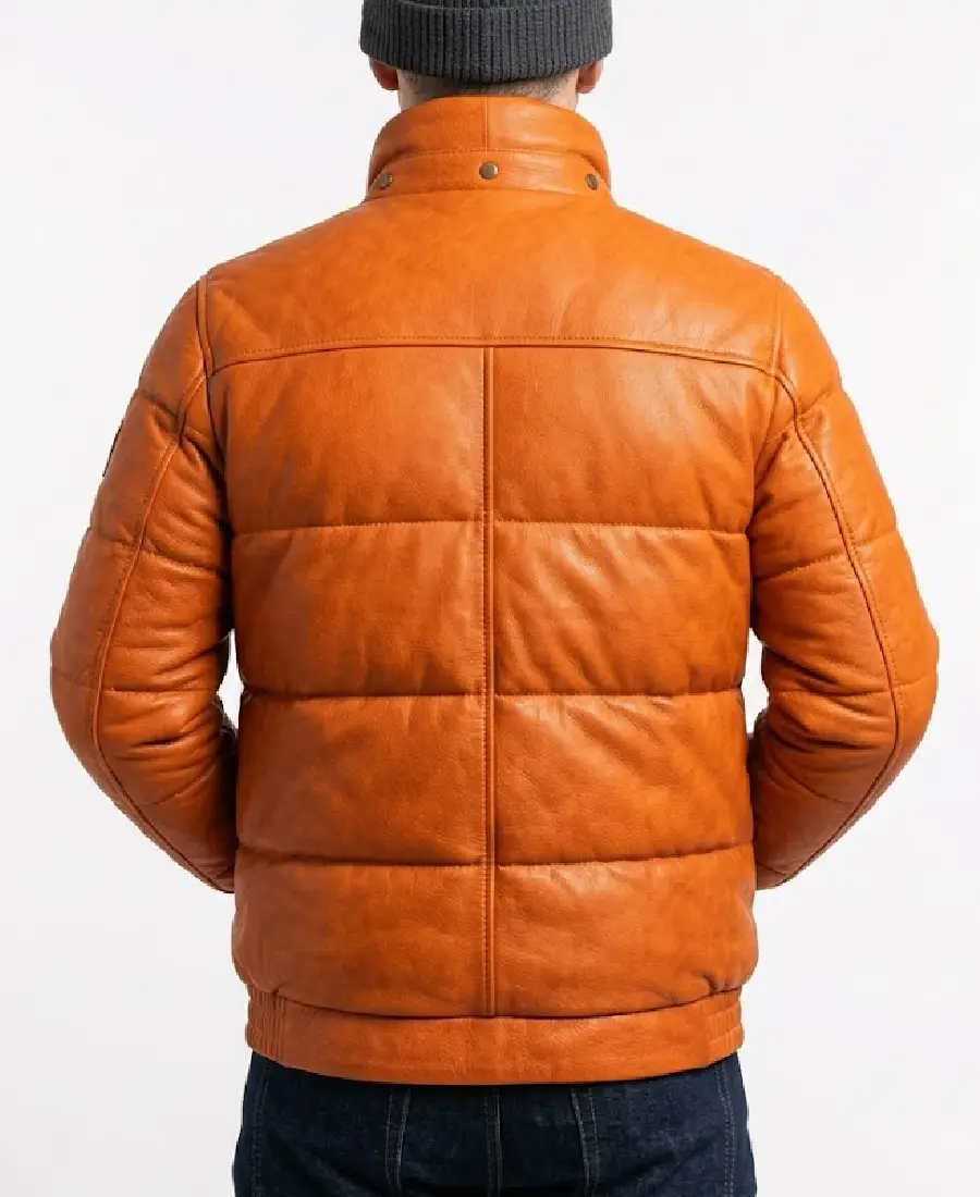 Men’s Orange Puffer Leather Jacket Back