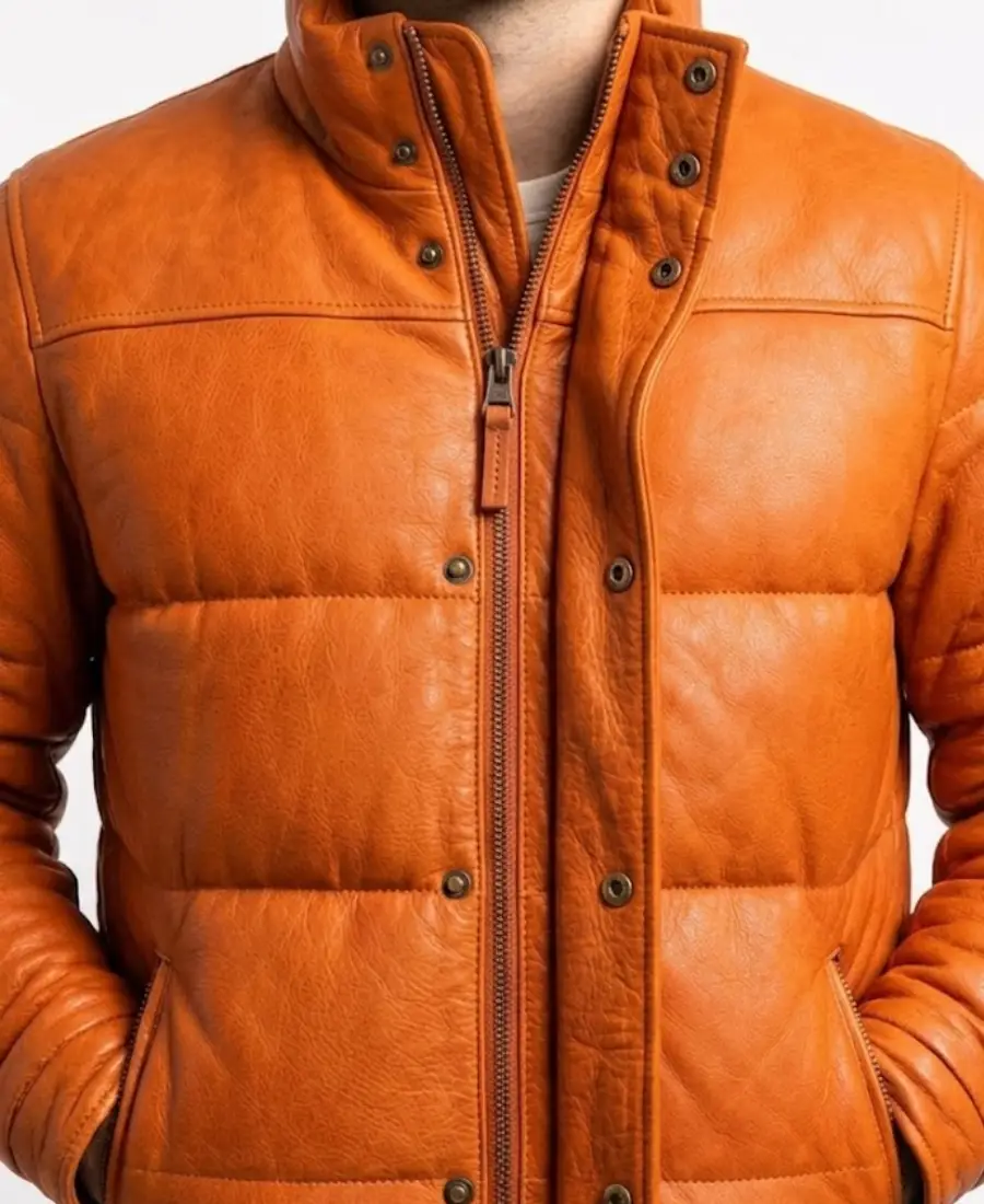 Men’s Orange Puffer Leather Jacket 4 Men’s Orange Puffer Leather Jacket Closeup