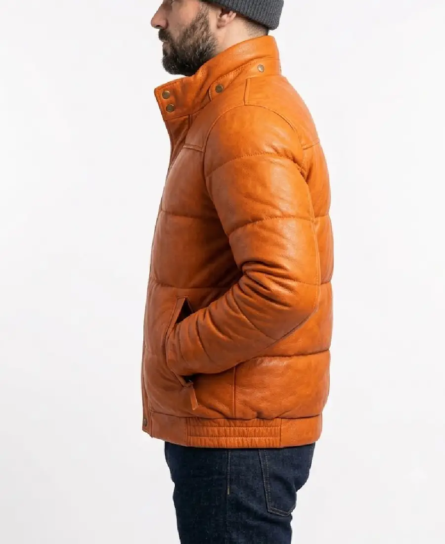Men’s Orange Puffer Leather Jacket 3 Men’s Orange Puffer Leather Jacket Side