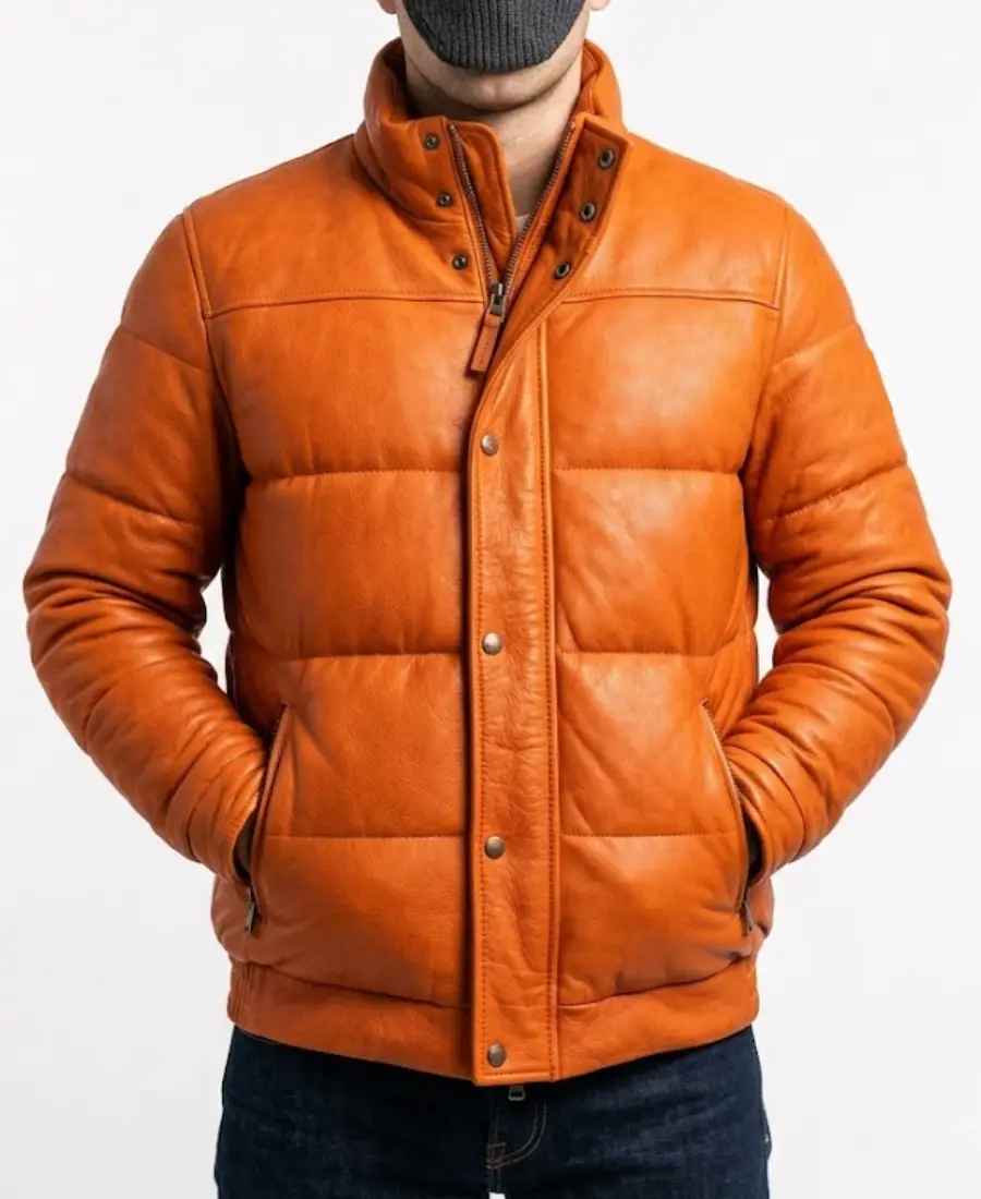 Men’s Orange Puffer Leather Jacket