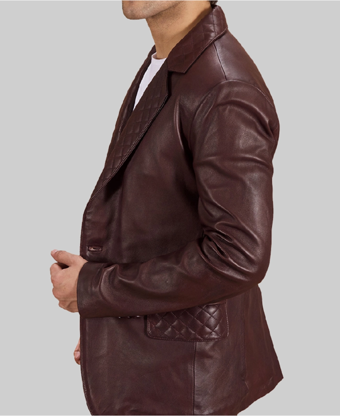 Men’s Quilted Dark Brown Leather Blazer Closeup