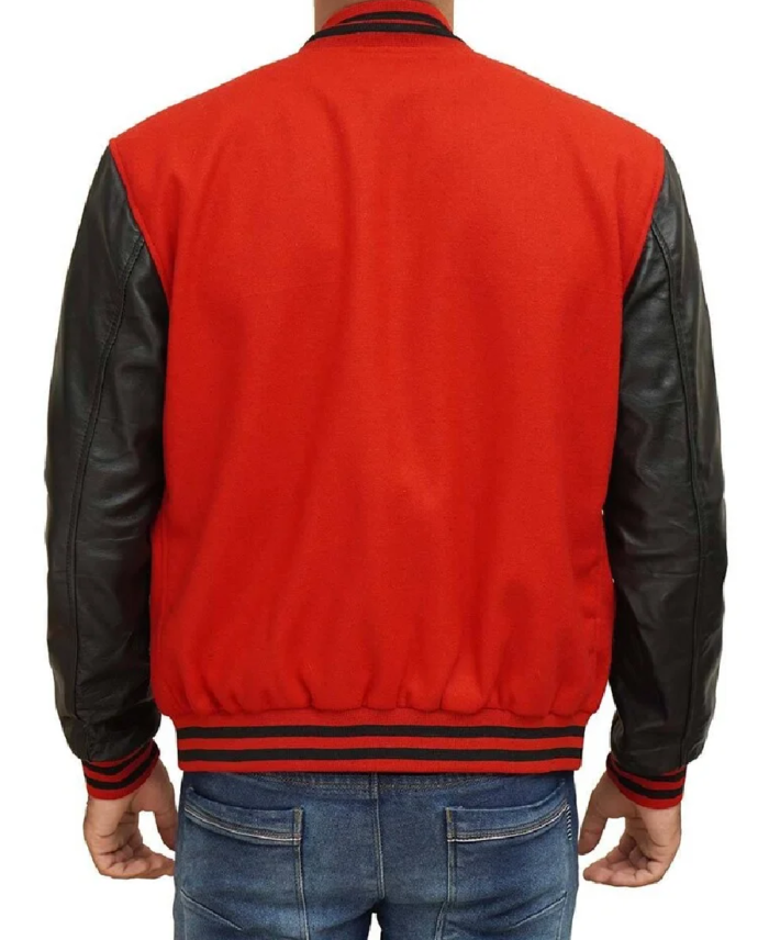 Men’s Red Wool Varsity Leather Jacket Back