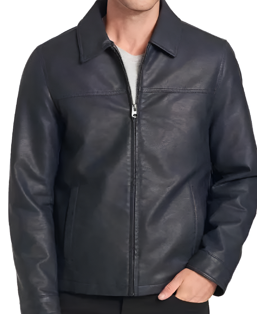 Men’s Simple Black Faux Leather Jacket Front