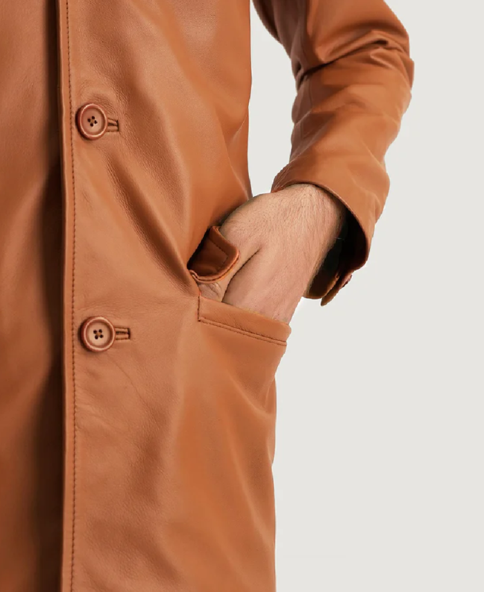 Men’s Tan Brown Leather Blazer Closeup