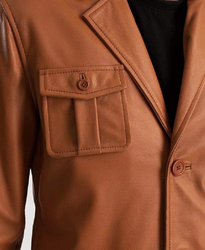 Men’s Tan Brown Leather Blazer Pocket