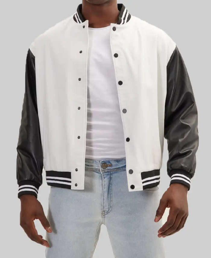 Men’s White and Black Varsity Jacket Front
