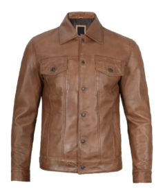 Mens Camel Brown Trucker Leather Jacket - Trendy Leather Jackets