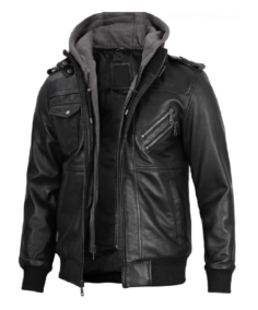 Men Black Double Zip Hooded Leather Jacket