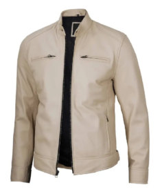 Mens Beige Cafe Racer Leather Jacket - Trendy Leather Jackets