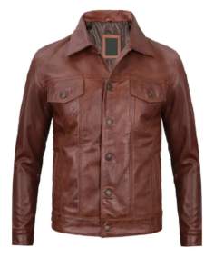 Fernando Men’s Harrington Brown Leather Trucker Jacket - Trendy Leather Jackets