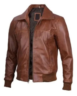 Mens Distressed Brown Harrington Leather Bomber Jacket