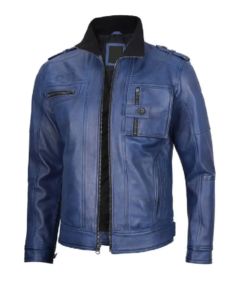 Mens Blue Leather Biker Jacket