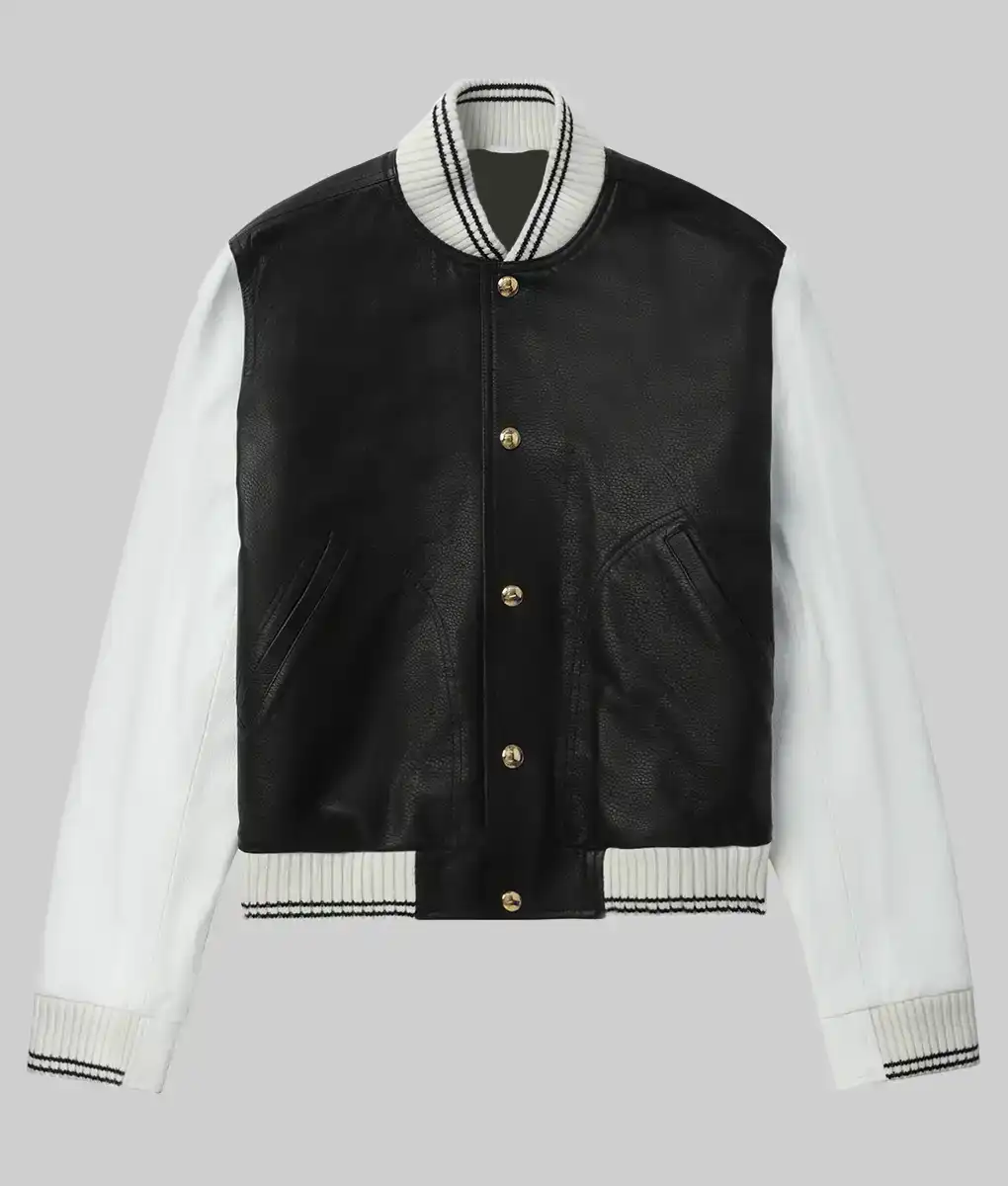 Women’s Solid Black And White Leather Varsity Jacket Women’s Solid Black And White Leather Varsity Jacket