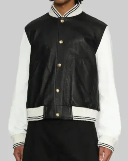 Women’s Solid Black and White Leather Varsity Jacket