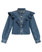 Ulla Johnson Ruffle-Detail Denim Shirt Front - Trendy Leather Jackets