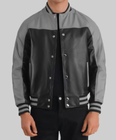 Men’s Black and Grey Leather Varsity Jacket Front