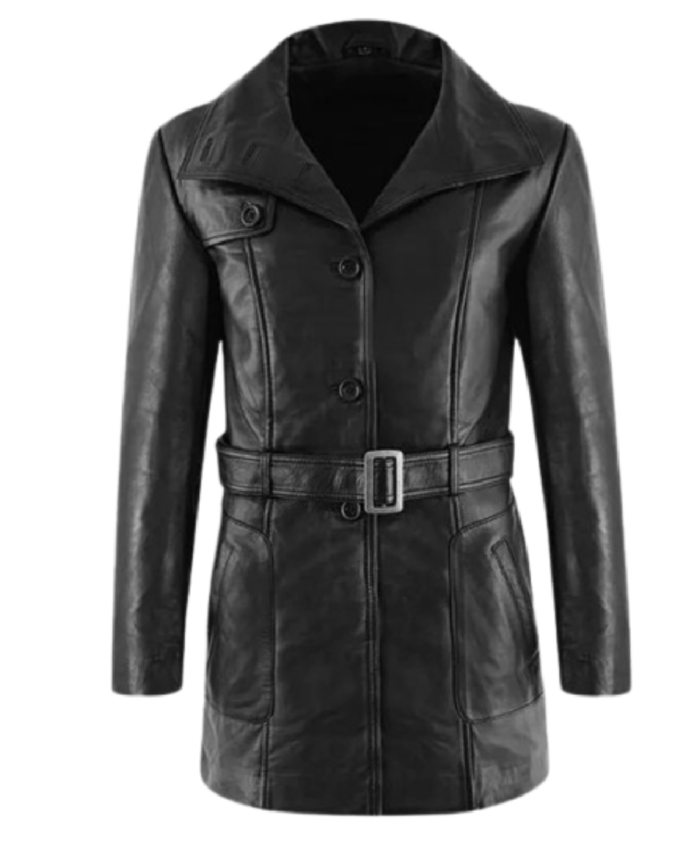 Women Black Leather Trench Coat