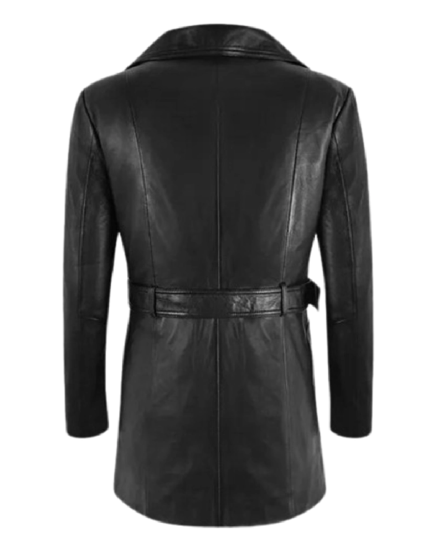 Women Black Leather Trench Coat Back
