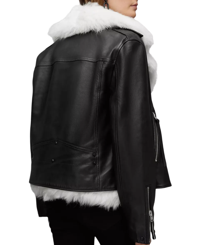 Women Black Shearling Leather Jacket Back