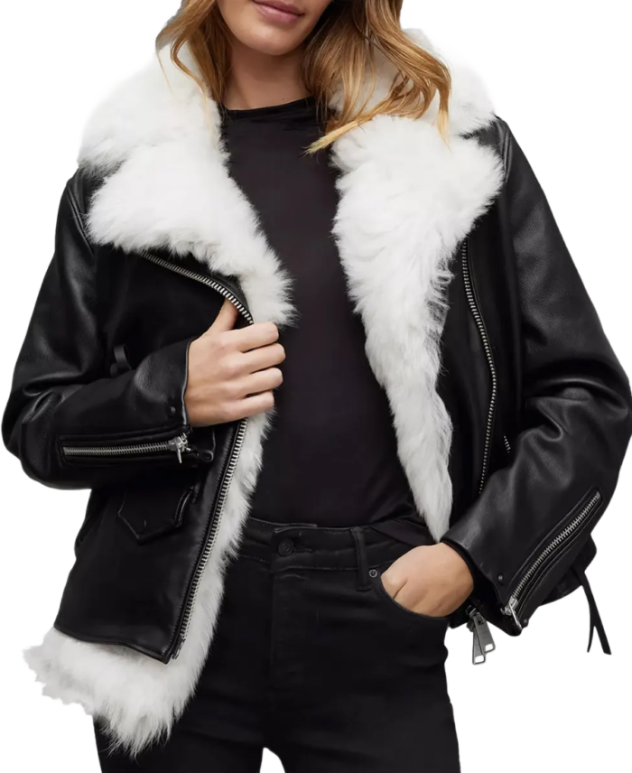 Women Black Shearling Leather Jacket Front