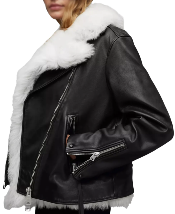 Women Black Shearling Leather Jacket Side